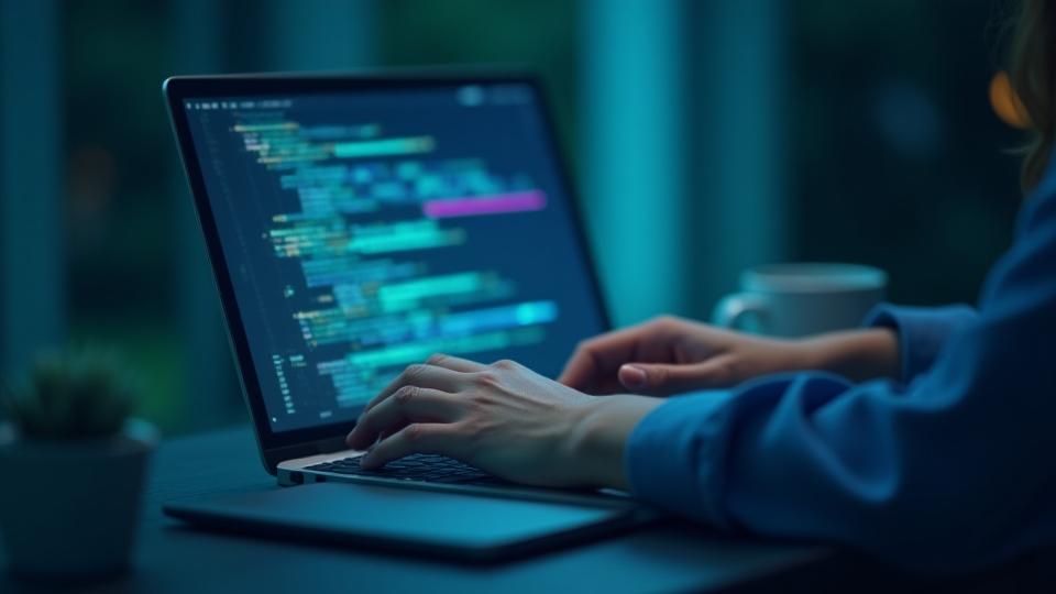 Person using a laptop with code on screen, surrounded by glowing abstract data representations.