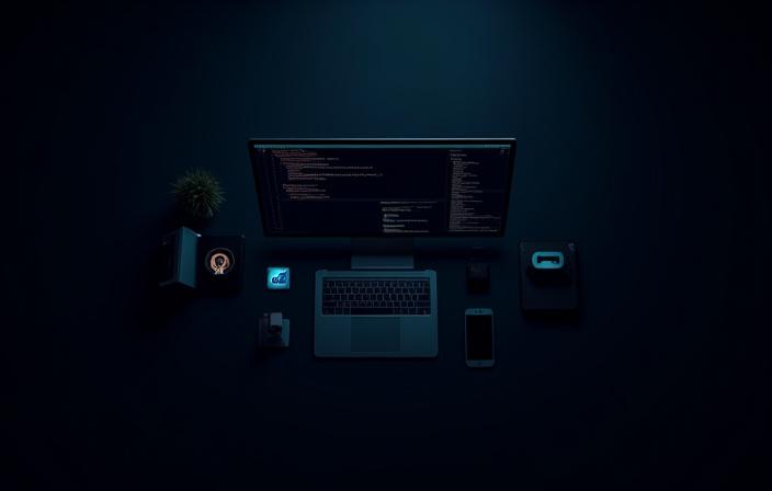 Various developer tools like a text editor, terminal, and Git logo arranged on a dark background.