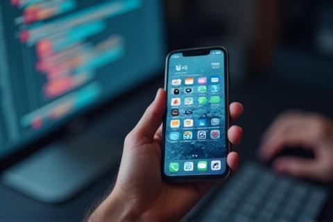 Smartphone displaying app icons and code on a development environment, representing mobile app development.
