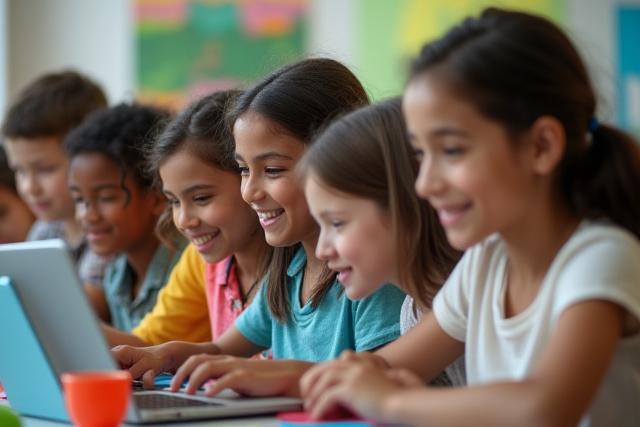 Children happily coding on laptops with vibrant graphics